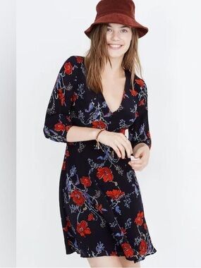 Madewell Silk Ruffle-Waist Dress in Windblown Poppies